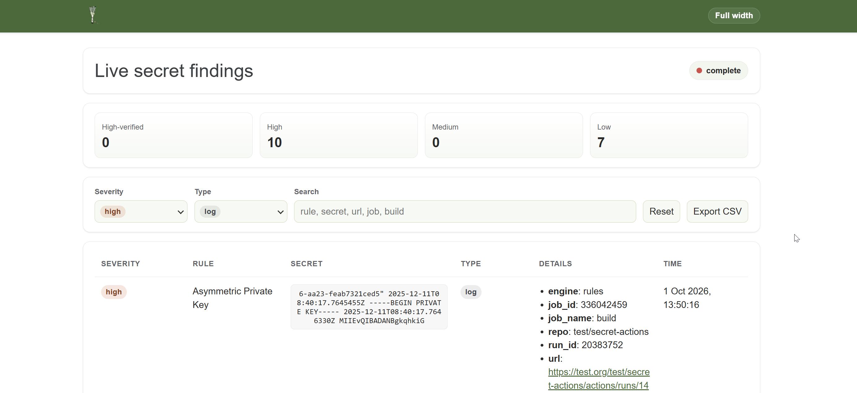 Live findings web UI showing scan status, confidence counts, filters, and detected findings